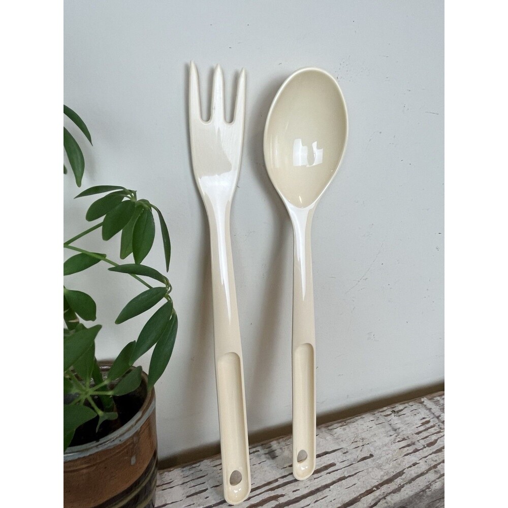 Vintage Tupperware Beige Fork & Spoon #1814 & #1817 Retro Kitchen 12” Home